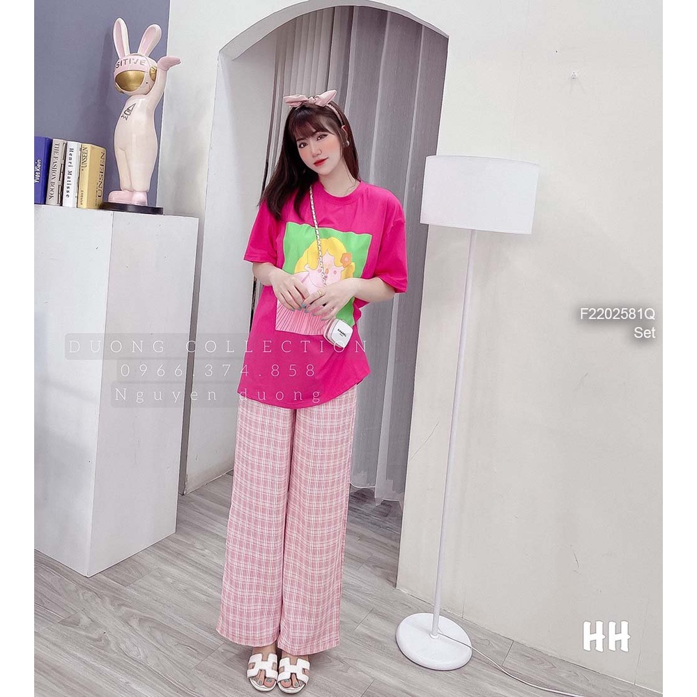 Set bộ áo thun hồng in hình cô gái form rộng tay con phối quần suông caro!