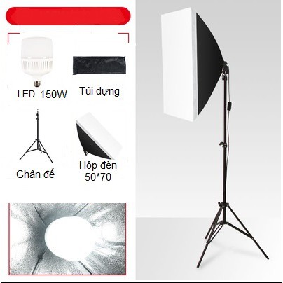 Đèn studio softbox chụp ảnh quay phim Livestream chuyên nghiệp, chân đèn cao 2m kèm Softbox 50x70cm Led 175W