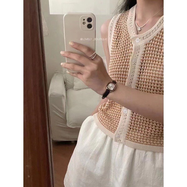 Áo len lưới kiểu sát nách phối viền siêu xinh