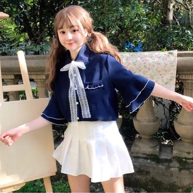 Áo sơmi tiểu thư phối nơ ren