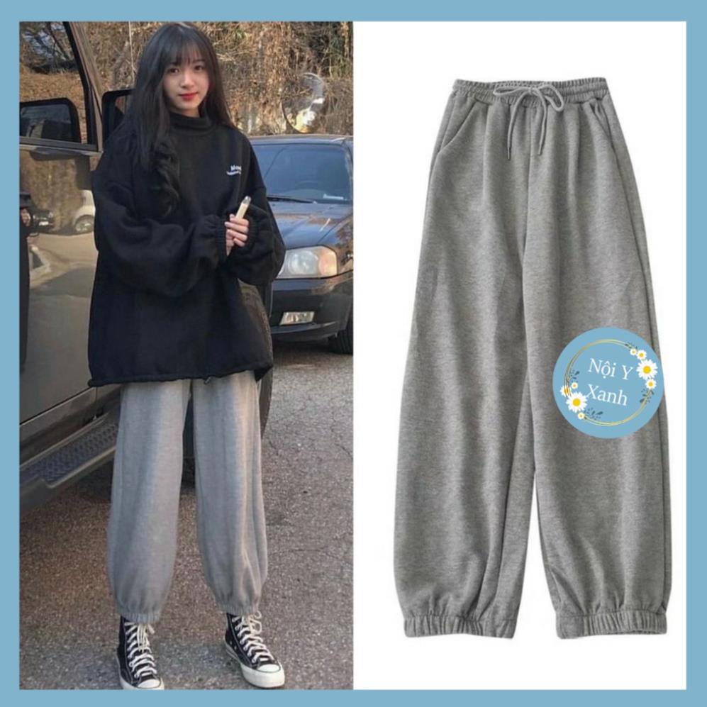 Quần jogger nữ bo gấu trơn vải thun da cá - Quần nỉ ống rộng bo chân màu đen, trắng, xám -ỉ form rộng bo gấu jogger thun