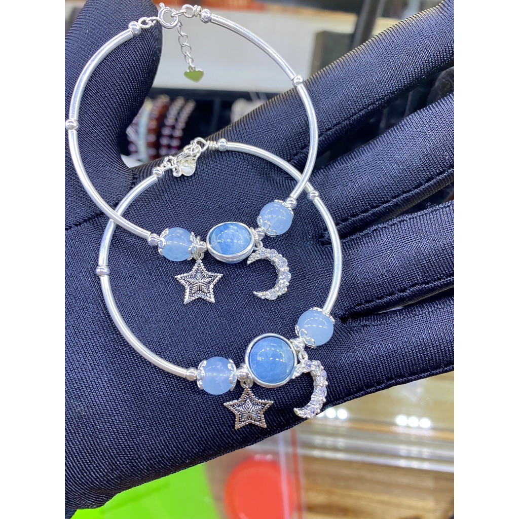 Vòng Phong Thủy hợp mệnh Thủy - Mộc. Đá Aquamarine mix charm bạc