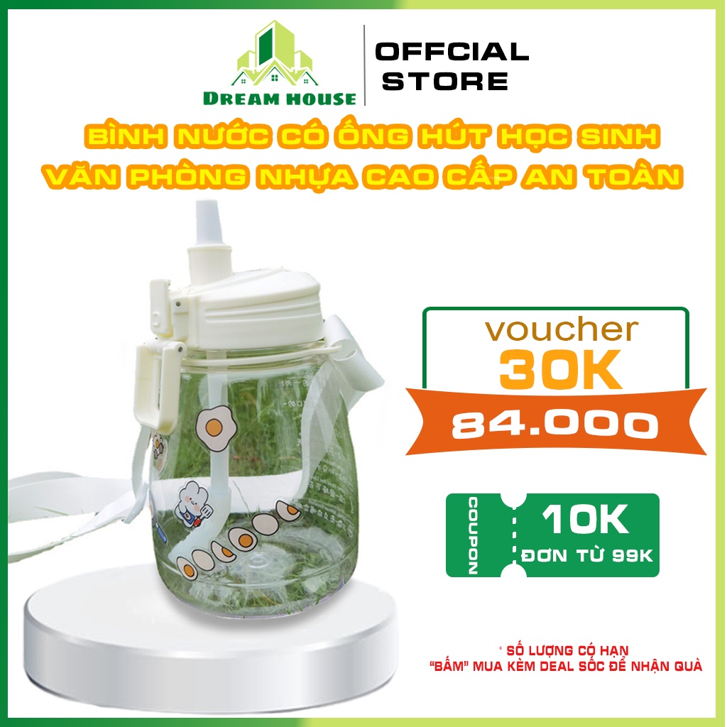Bình nước có ống hút, bình nước học sinh/ văn phòng, bình nước 1 lít giữ nhiệt cute cao cấp