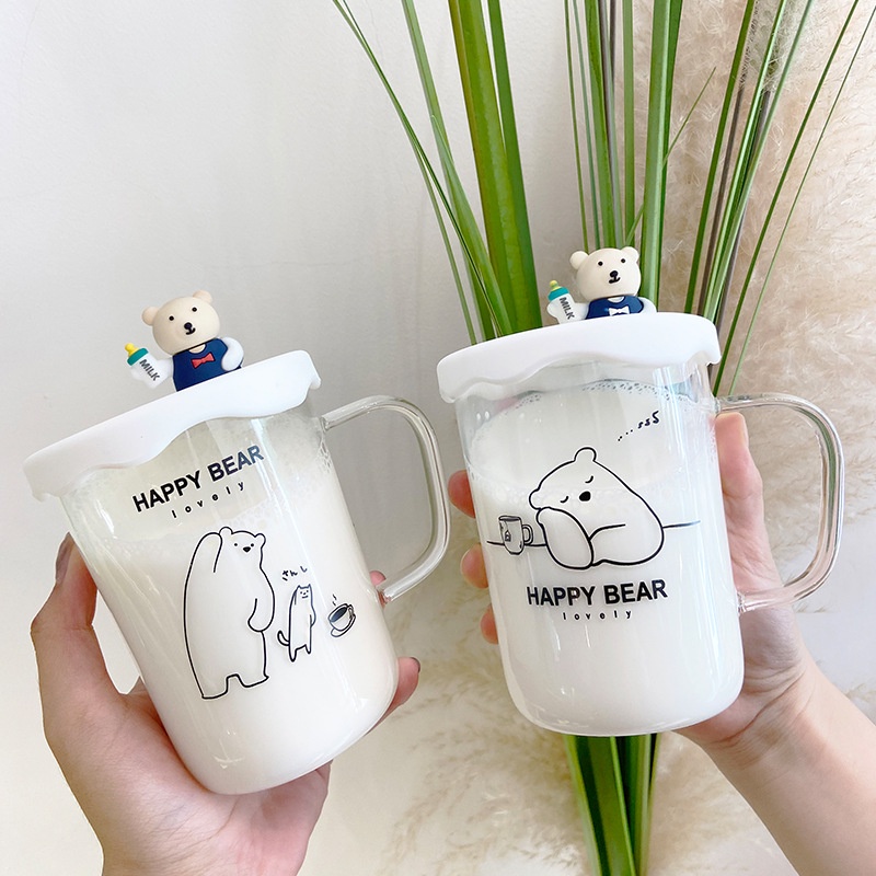 Cốc thủy tinh in hình gấu HAPPY BEAR cao cấp - Có nắp đậy nổi