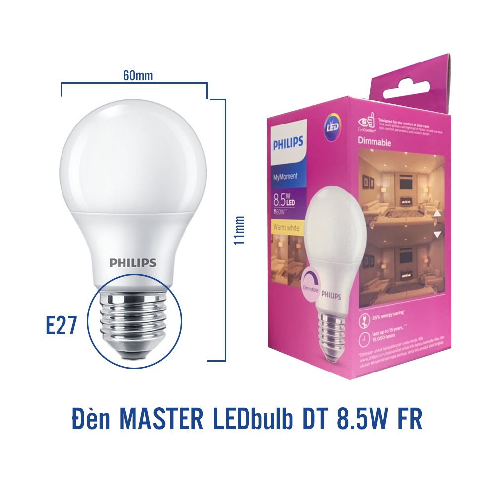 Bóng đèn Philips Ledbulb 8.5-60W E27 A60 FR DIM - Màu ánh sáng