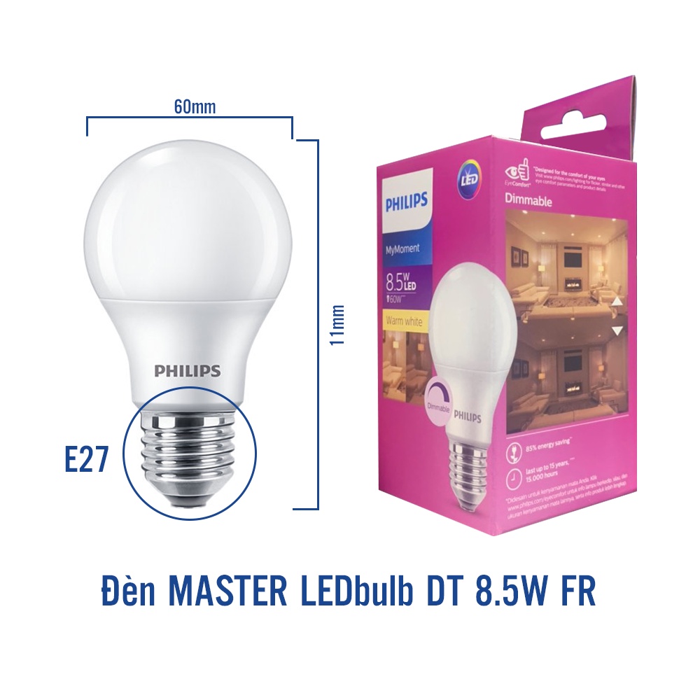 Bóng đèn Philips Ledbulb 8.5-60W E27 A60 FR DIM - Màu ánh sáng ( vàng 2700K) (01 bóng)