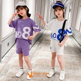 New girls' suits, boutique Korean children's clothing, big boys, girls, girls, sports short-sleeved T-shirt + shorts two-piece suit, sports college style, comfortable and beautiful