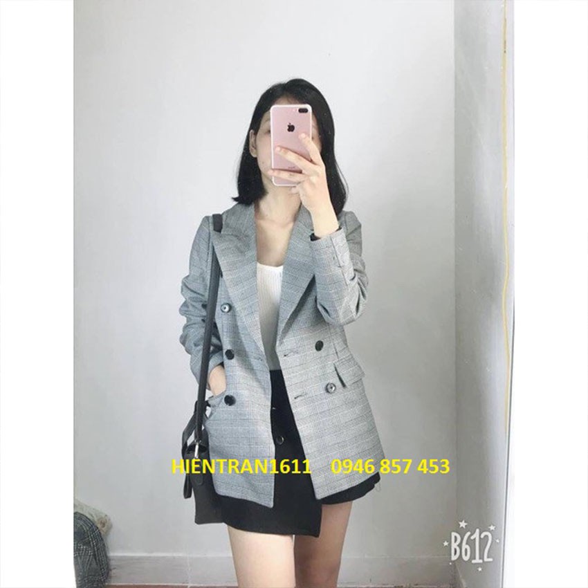 ÁO BLAZER KẺ CARO GHI ĐEN HÀNG VNXK SIZE S M L