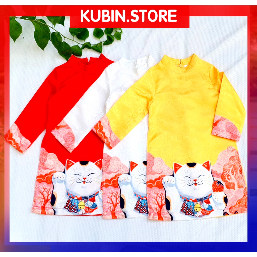 Áo dài cách tân cho bé in mèo chất liệu gấm cao cấp size từ 1 đến 9 tuổi , áo dài tết cho trẻ em KUBIN STORE