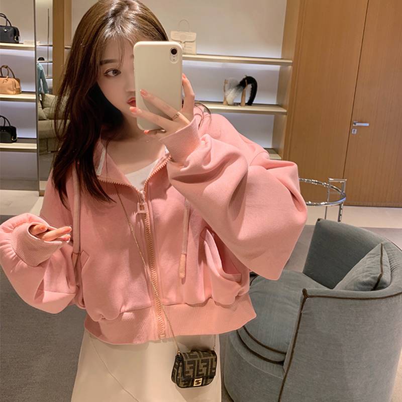 Áo khoác nữ tay dài có nón trùm đầu túi dây kéo form ngắn croptop trơn ( 2 màu )