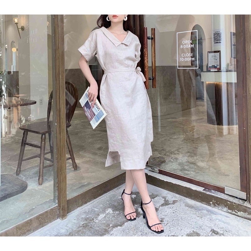 Đầm linen tưng Premium cổ bẻ thắt eo