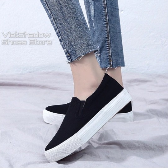 Slip on vải nữ - Giày lười vải nữ độn đế - Vải thô 2 màu (trắng) và (đen) đế trắng - Mã SP: H802