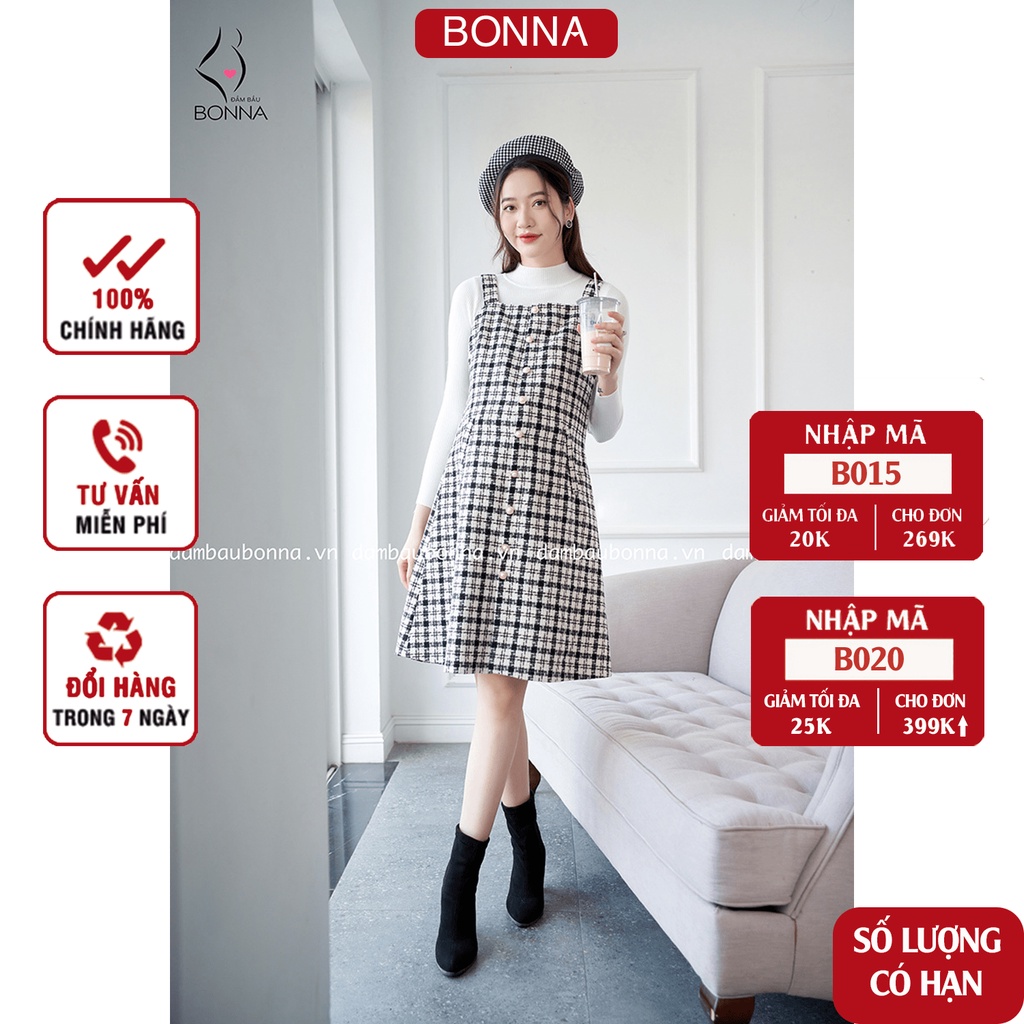 Đầm yếm bầu BONNA chất dạ tweed phối họa tiết kẻ caro thanh lịch, đai điều chỉnh to nhỏ VS062 ( SP KHÔNG KÈM ÁO LEN)