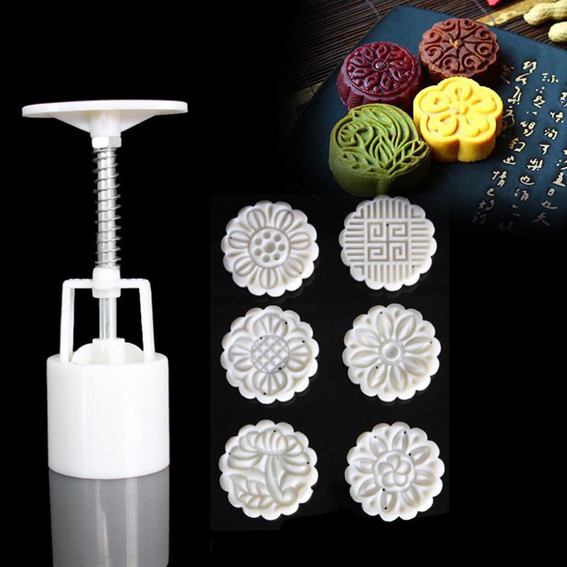 Moon Cake Mould Mold Hand Pressure Flower Decors Motif Pastry 50g Round+6 Stamps