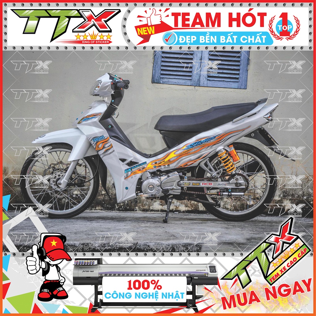 Tem rời sirius lửa , Team chế sirius dán xe màu trắng xám viền cam tuyệt đẹp , Shop TTX Tem xe sirius mã (S0006/00)