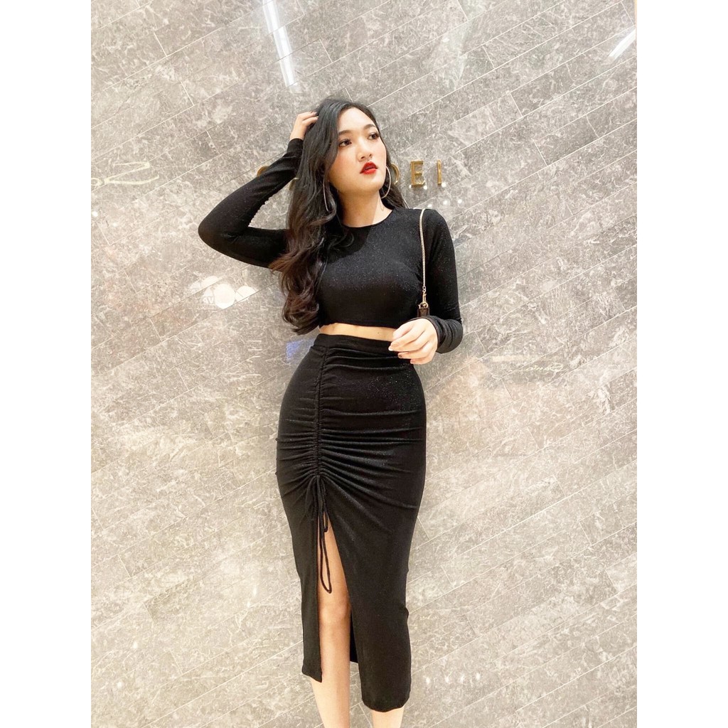 Sét đầm body rời áo tay dài kết hợp chân váy rút dây -MM.B762