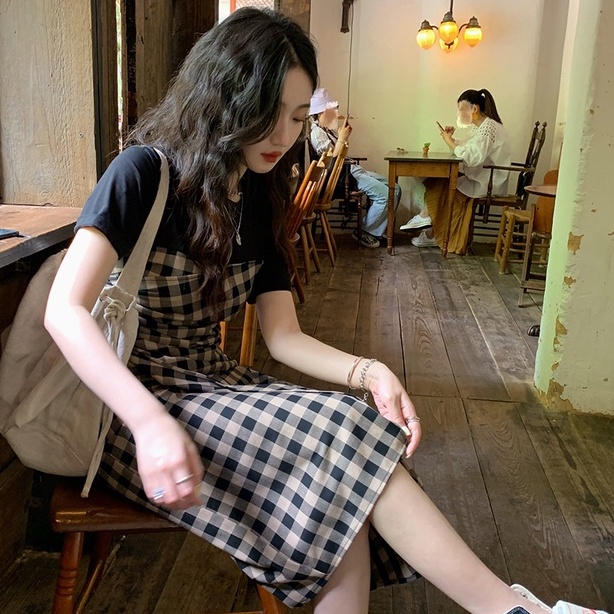 Đầm ngắn SUXI dáng chữ A họa tiết sọc caro phong cách cổ điển thời trang xuân thu xinh xắn cho nữ