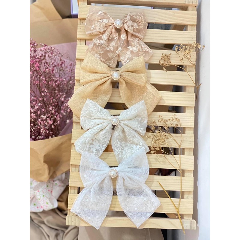 Kẹp tóc hình nơ phối ren hoa phong cách hàn quốc, phụ kiện tóc nữ dễ thương