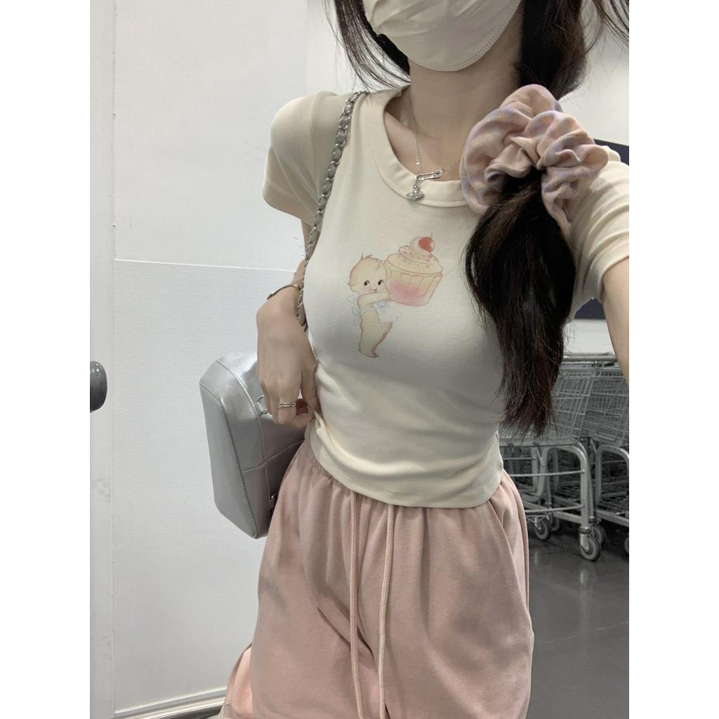 Áo Thun Cotton Ngắn Tay Dáng Ôm In Hình Dễ Thương Thời Trang Mùa Hè 62163