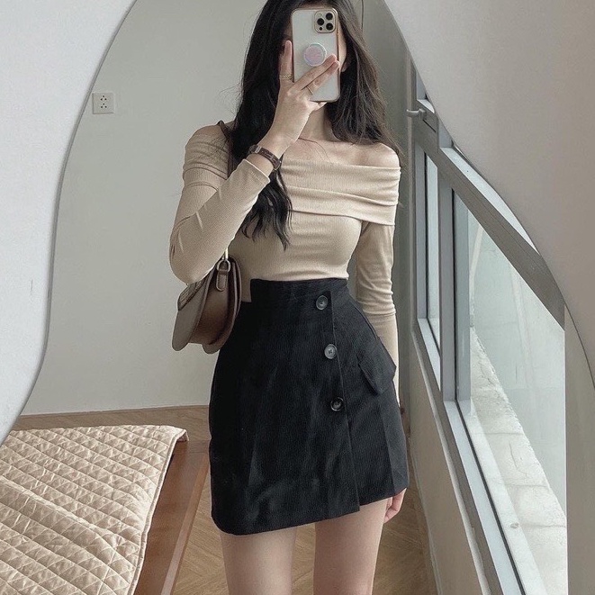 Chân váy nhung tăm mềm mịn/ Chân váy ngắn dáng chữ A cạp cao vạt lệch chất liệu nhung tăm | BigBuy360 - bigbuy360.vn