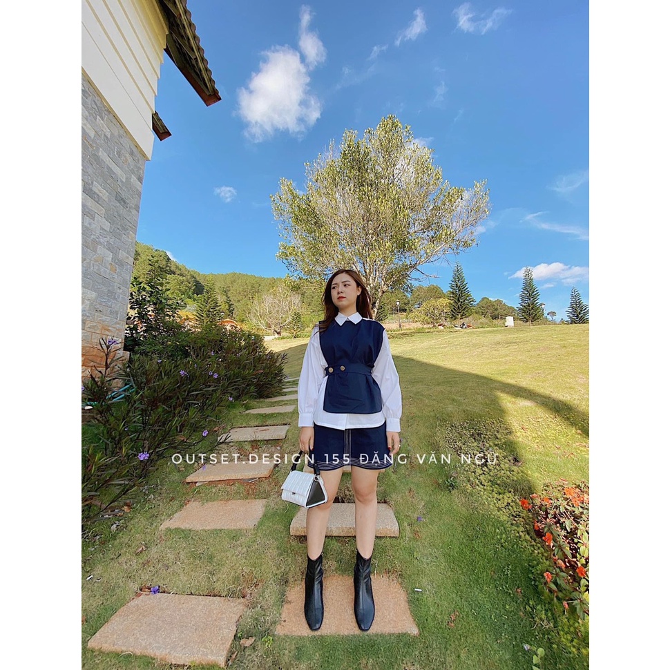 [Mã FAMARAL1 giảm 10K đơn 50K] ÁO SƠ MI CỔ ĐỨC PHỐI ĐAI EO CÚC ĐỒNG