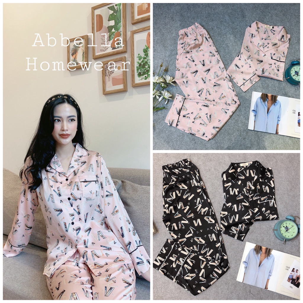 Đồ bộ mặc nhà lụa cao cấp ,chất lụa hàn mềm mại siêu đẹp họa tiết 2 màu hồng và đen,pyjama thu đông hè