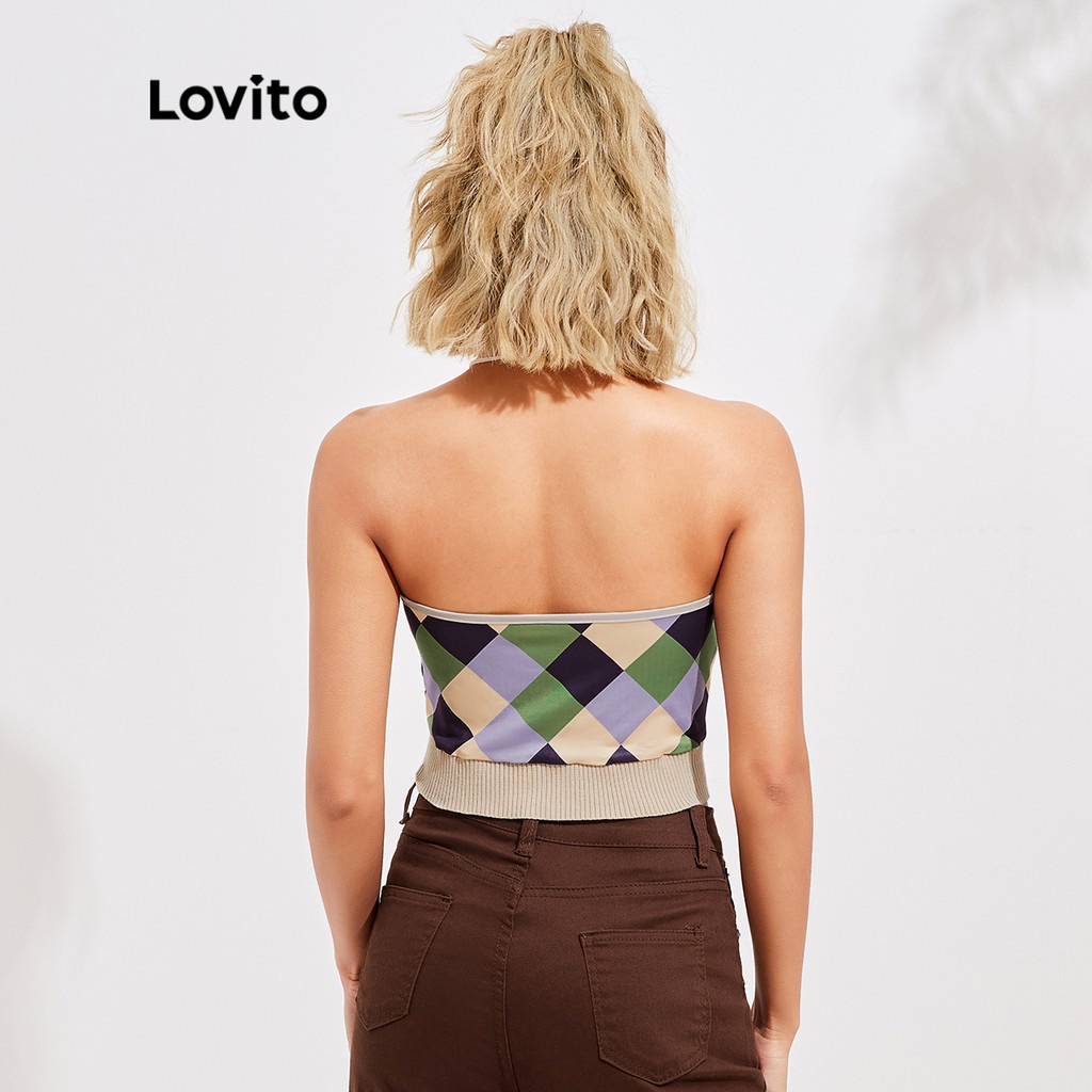 Áo Lovito dệt kim kẻ sọc hình học hở lưng phong cách cổ điển L16E029 (Màu tím/đỏ) | BigBuy360 - bigbuy360.vn