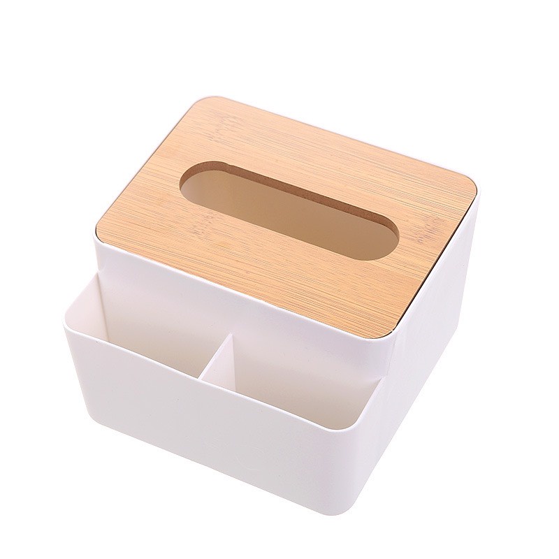 Hộp đựng giấy ăn nắp gỗ chia ngăn để đồ, hộp đựng khăn giấy rút tiện lợi