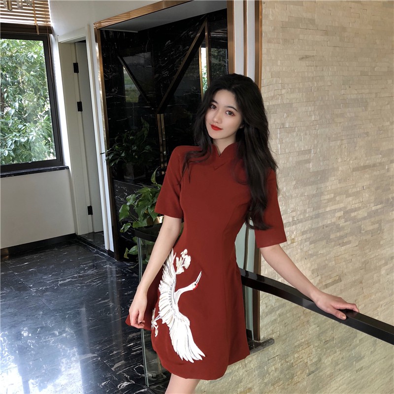 (Sẵn XL) Đầm xoè cổ tàu đính hạc (ảnh thật) | BigBuy360 - bigbuy360.vn