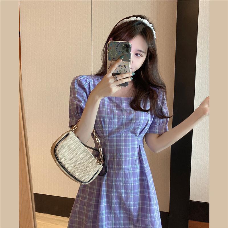 Đầm Dáng Chữ A Cổ Vuông Tay Ngắn Kẻ Sọc Caro Thời Trang Cho Phụ Nữ