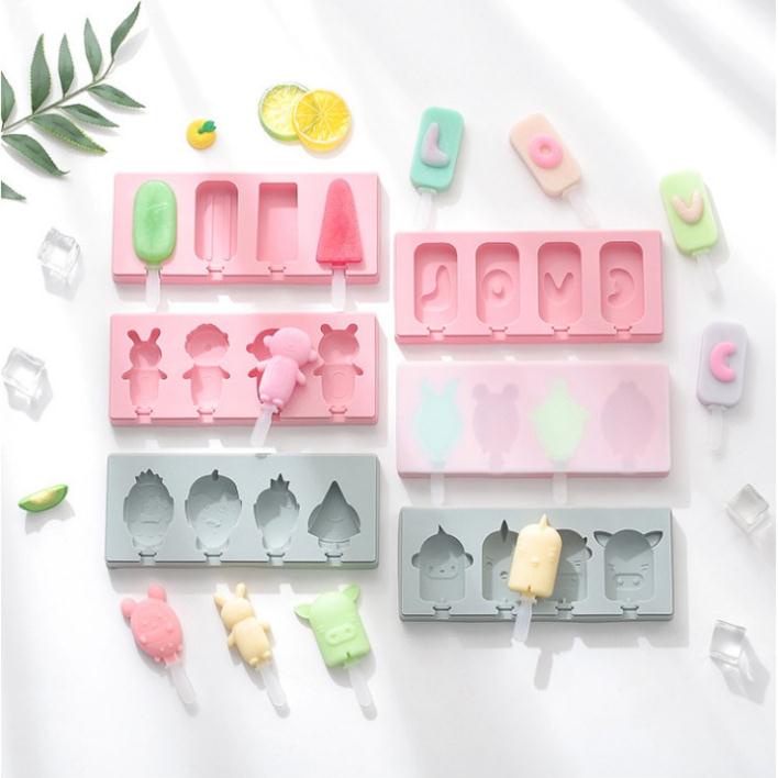 Khuôn làm kem 3 ô que silicon có nắp đậy