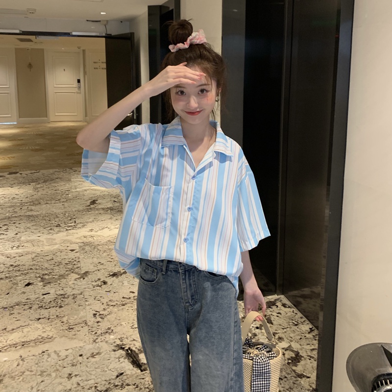 Áo sơ mi SUXI ngắn tay form rộng họa tiết sọc phong cách cổ điển dành cho nữ