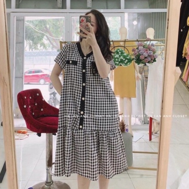 Váy bầu thiết kế đầm bầu công sở mẫu mới kẻ đen trắng sang trọng, dáng xuông xoè nhẹ, size 40-70kg, chất đẹp