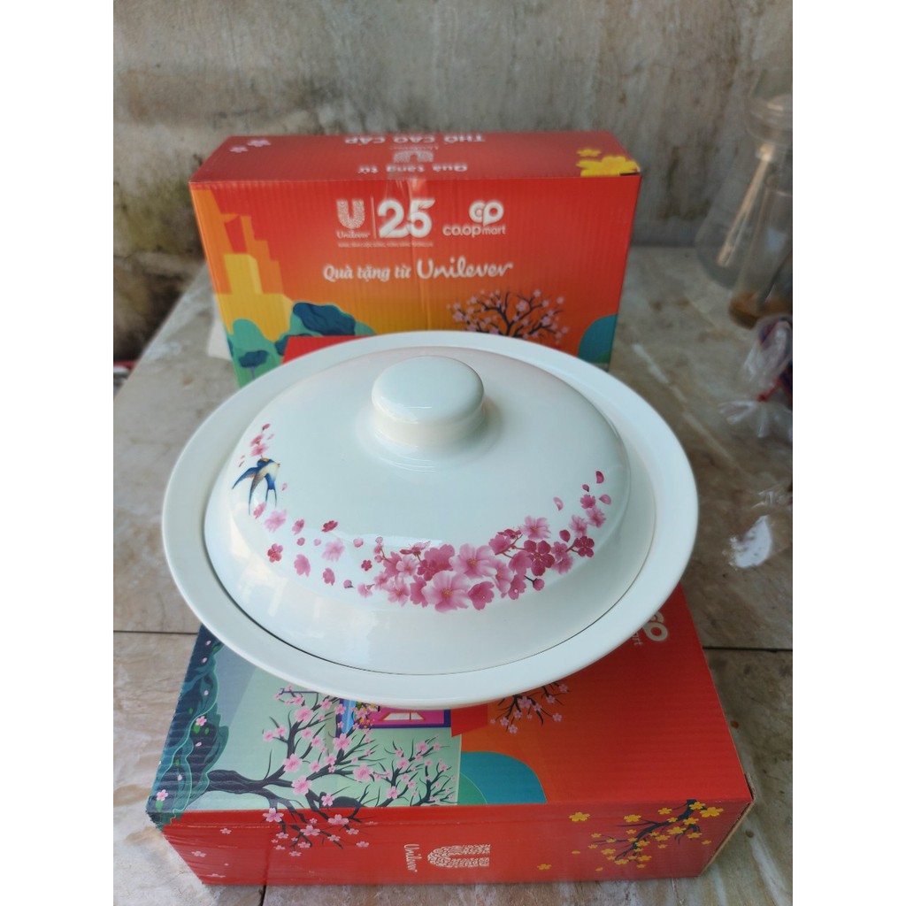 Thố sứ trắng kèm nắp in hoa cao cấp 24cm