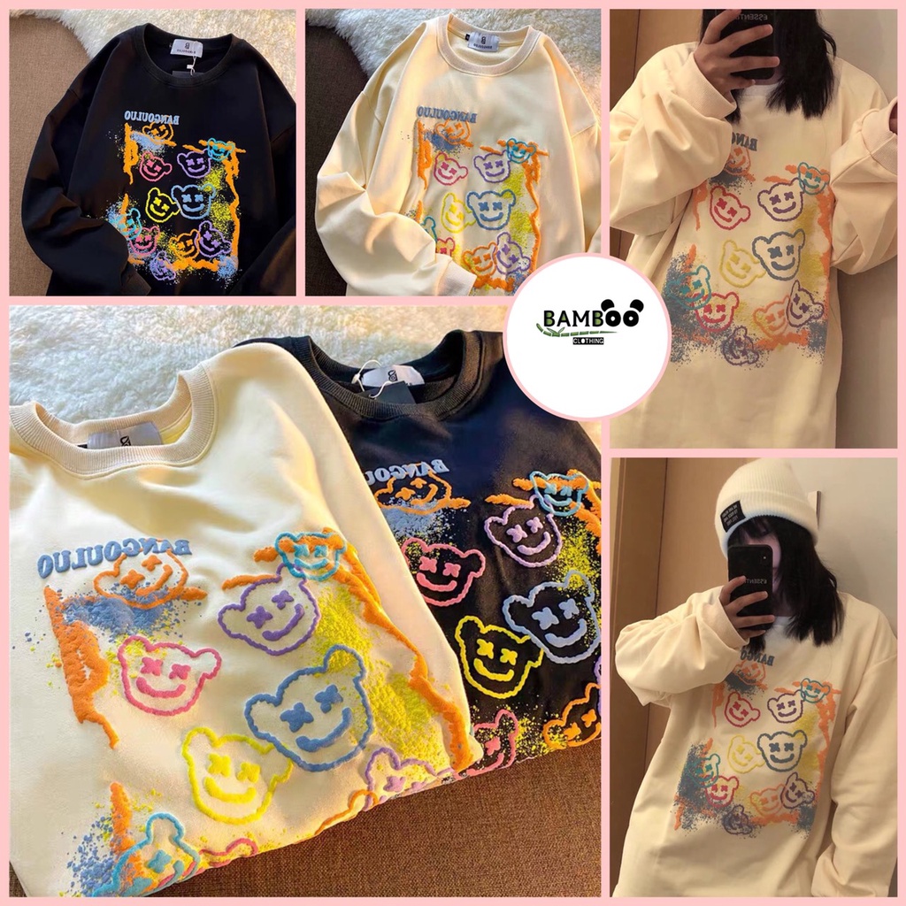 Áo Sweater In Hình Gấu Form Rộng Unisex Tay Bồng Nam Nữ Mặc Được Chất Nỉ Hàng Xuất Dày Đẹp Không Bai, Không Xù