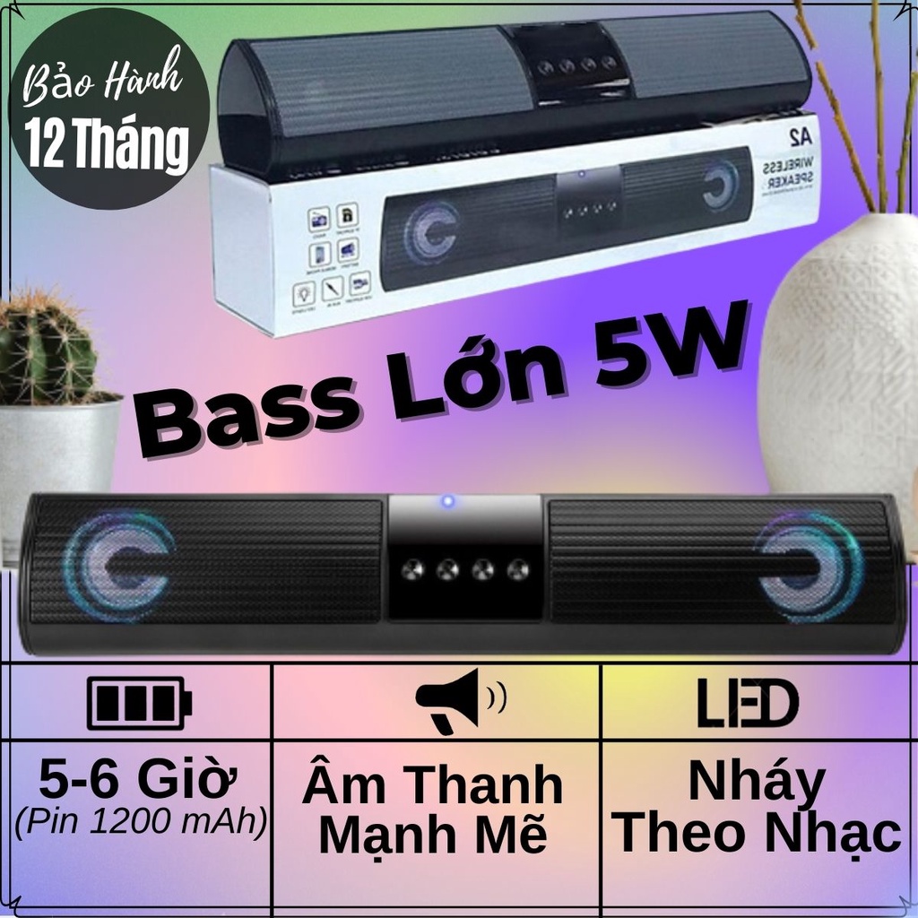 Loa Bluetooth A2 Nghe Nhạc 2 Loa 5W Công Suất Lớn, Bass Mạnh, Đèn Led Theo Nhạc Hỗ Trợ Thẻ Nhớ, USB, Đài FM