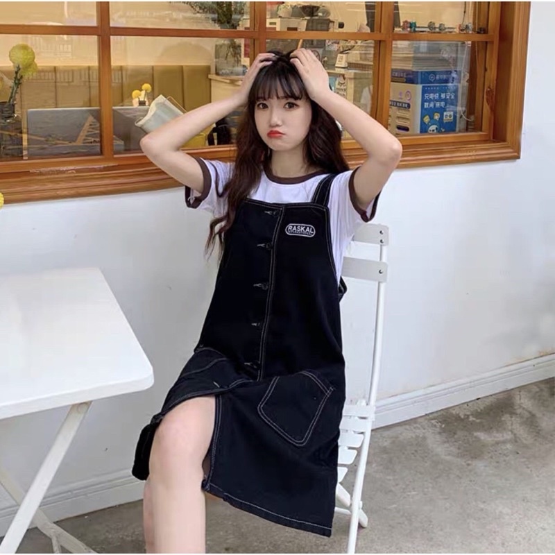 (Ảnh thật)Set Yếm Thêu Logo Yếm Ngăn Dài Chất Kaki Ao Trong Kẻ Thô Áo Trắng Cotton Hot Trend GU Store