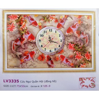 Tranh thêu chữ thập đồng hồ Cửu ngư quần hội LV3335