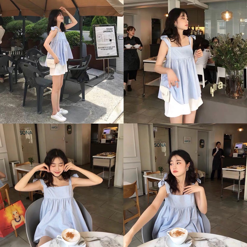 Sét babydoll 2 dây kẻ xanh sốp kèm quần sooc trắng (Hàng sẵn ảnh thật)