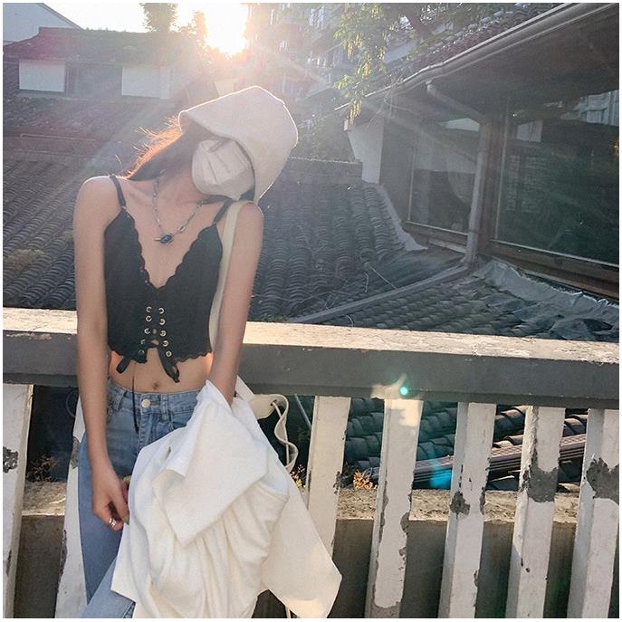 DUNEA Áo hai dây cổ chữ V phối ren thời trang cho nữ