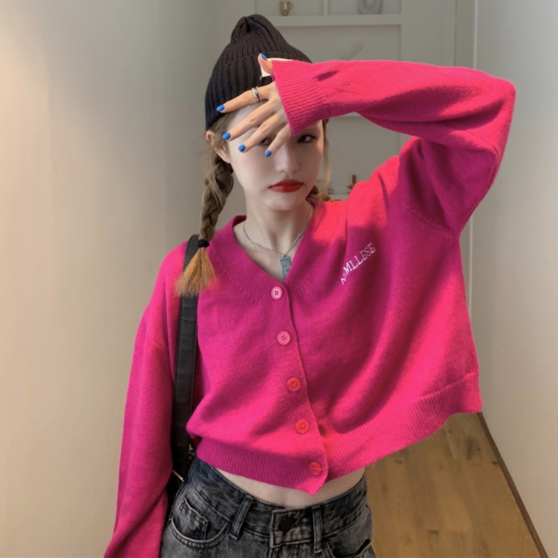 Áo khoác cardigan dệt kim cổ chữ V thêu chữ phong cách Hàn Quốc