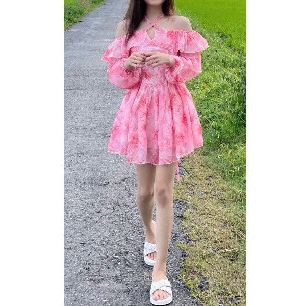Đầm hoa hai dây rớt vai cao cấp PLD23