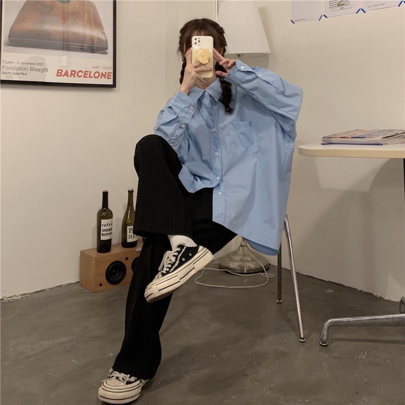 Áo sơ mi tay dài dáng rộng màu đẹp giản đơn trẻ trung dễ phối đồ