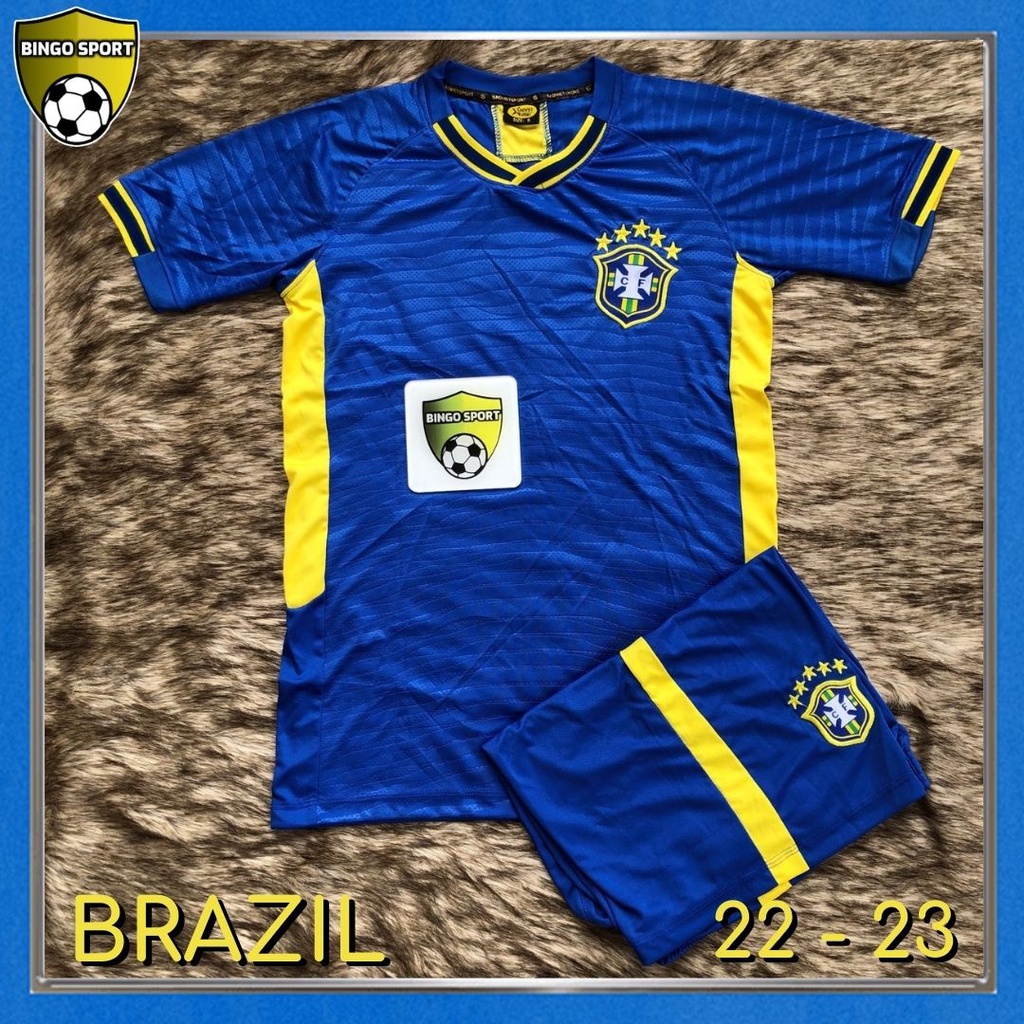 Quần Áo Bóng Đá WORLD CUP 2022 Tuyển BRAZIL Xanh Biển - Thun Lạnh 4 Chiều Logo Thêu Nổi Cao Cấp BINGO SPORT