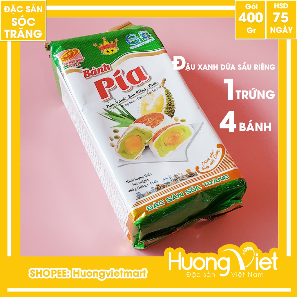 Bánh pía lá dứa sầu riêng trứng muối 400g, bánh pía Tân Huê Viên vị dứa thơm ngon [TÚI 4 BÁNH]