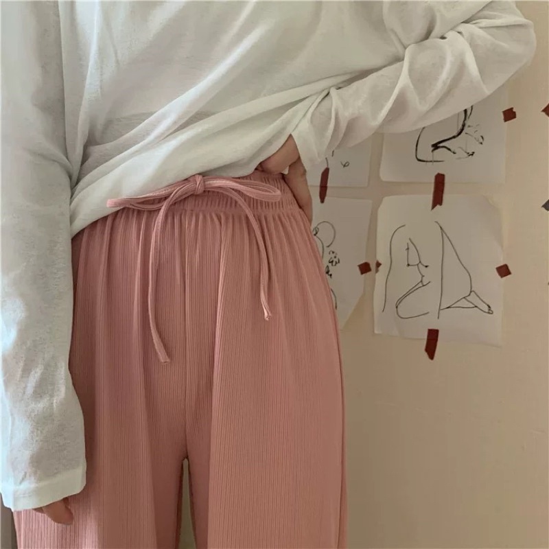 Quần thun gân dáng suông lưng cao phong cách thời trang nữ