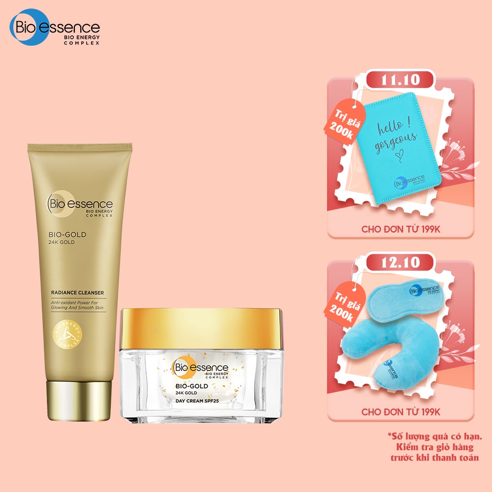 [Mã BIOEWHITE giảm 70K đơn 429K] Bộ sản phẩm Bio-Essence Bio-Gold (Sữa rửa mặt 100gr + Kem dưỡng ban ngày 40gr)