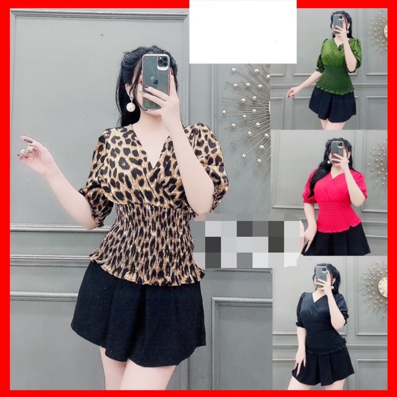 Áo kiểu cổ V tay ngắn bo chun xinh yêu cao cấp