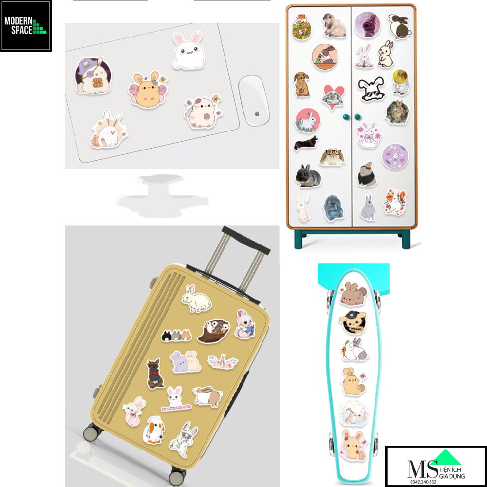 Sticker PVC Thỏ Rabbit ST-134 - Cả bộ 50 Hình dán Stickers Chống nước Dán xe Dán Mũ bảo hiểm Vali Laptop Điện thoại