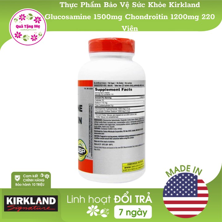 Thực Phẩm Bảo Vệ Sức Khỏe Kirkland Glucosamine 1500mg Chondroitin 1200mg 220 Viên